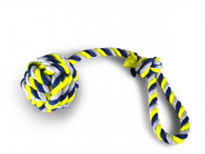 Cotton rope+handle + ball Ø10,5cm blue-yellow 54cm