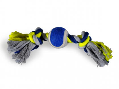 Corde coton 2 noeuds +balle tennis bleu-jaune 26cm