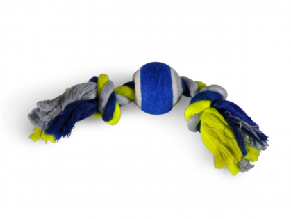 Corde coton 2 noeuds +balle tennis bleu-jaune 20cm