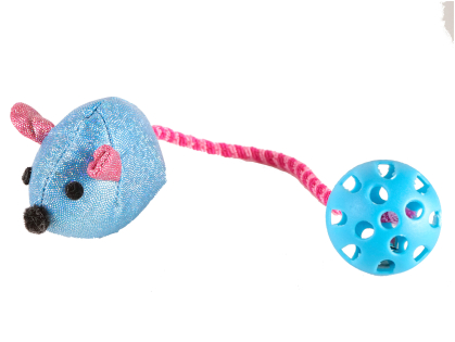 Jouet chat souris avec balle élastique bleu 7cm