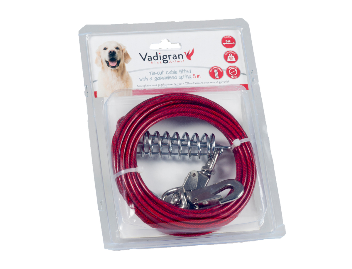 Coiled dog tie out cable clearance